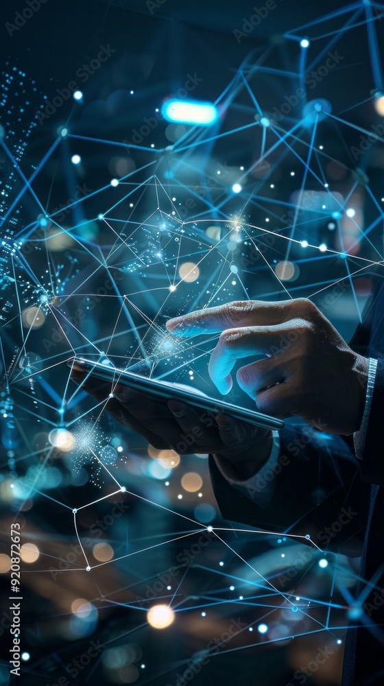 Poster A person is using a cell phone to touch a screen with a blue background