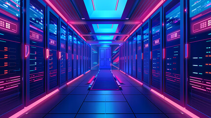 Vector cartoon corridor in a spaceship,Data Center With Illuminated Server Racks