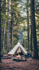 Cozy Camping Tent with Campfire in Dense Forest