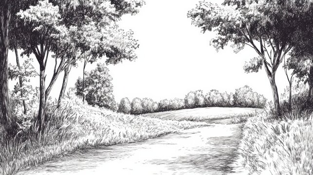 A peaceful landscape drawing with a peaceful nuance