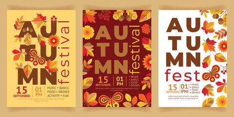 Set of autumn festival poster with bright leaves, butterfly and flower. Beautiful creative flyer template for autumnal festival or event with colorful symbols of nature.