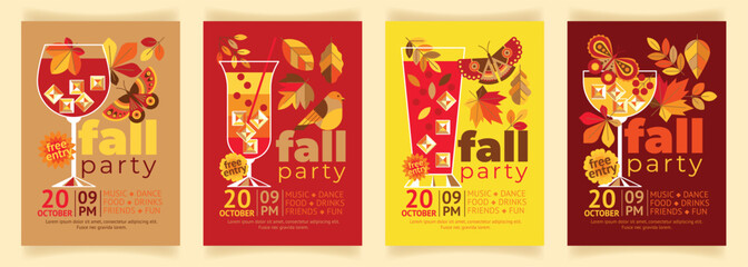 A set of stylish creative flyers for leaf fall party with cocktails, leaves, butterflies and a bird. Cool catchy template for autumn party with elements of nature and drinks