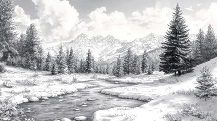 A landscape drawing of a mountain range with a peaceful nuance