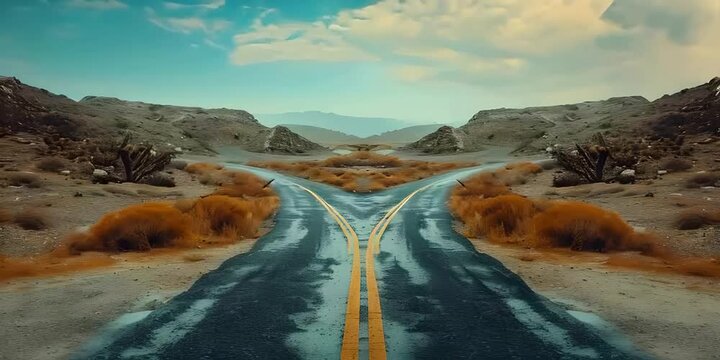 One road splitting into two with a storm approaching, diverging paths, stormy sky, intense weather