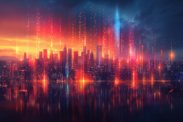 Fototapeta premium Futuristic Cityscape at Sunset with Vibrant Light Streaks