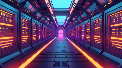 Vector cartoon corridor in a spaceship,Data Center With Illuminated Server Racks