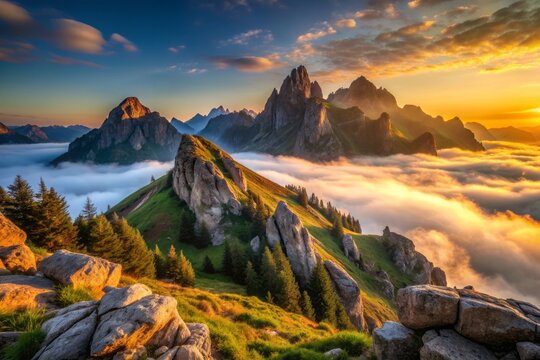 Serene misty dawn breaks over a rugged mountain range, soft golden light illuminating the rocky peaks as gentle melody of nature awakens the landscape.