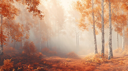 Obraz premium A beautiful panoramic banner of an autumn forest landscape with foggy trees, creating a serene and peaceful atmosphere. Suitable for seasonal and nature-themed designs and projects.