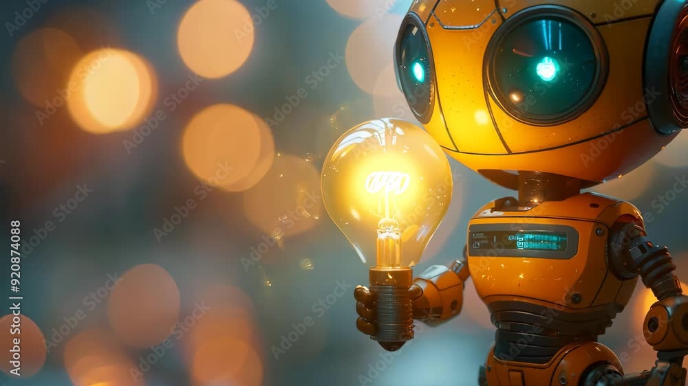 Poster adorable robot with glowing light bulb in bokeh setting