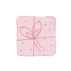 Gift pack and big bow illustration. Surprise Present for holiday, party, birthday. Gift box romantic package. Vector