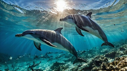 Obraz premium A picture of a dolphin swimming in blue water.