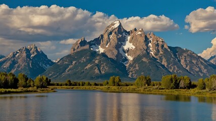 A mountain range with a lake in the foreground. The mountains have snow on top and are surrounded by trees.