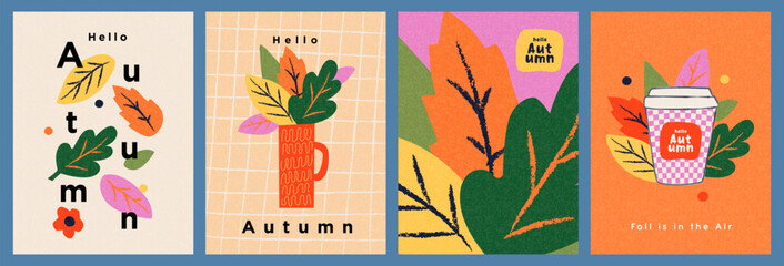 Set of trendy art style abstract autumn greeting card, poster, cover, with bright beautiful leaves. Fall print collection, Sale banner, or flyer design. Template for advertising, web, social media. 