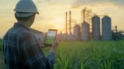 Worker using a tablet to monitor agricultural progress at sunset near silos in a rural factory setting