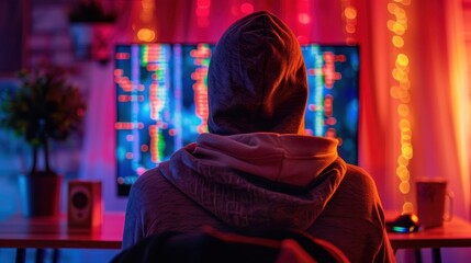 Obraz premium Digital Intrigue - Mysterious Hacker Coding with Colorful Code on Screen, Back Shot in Hoodie