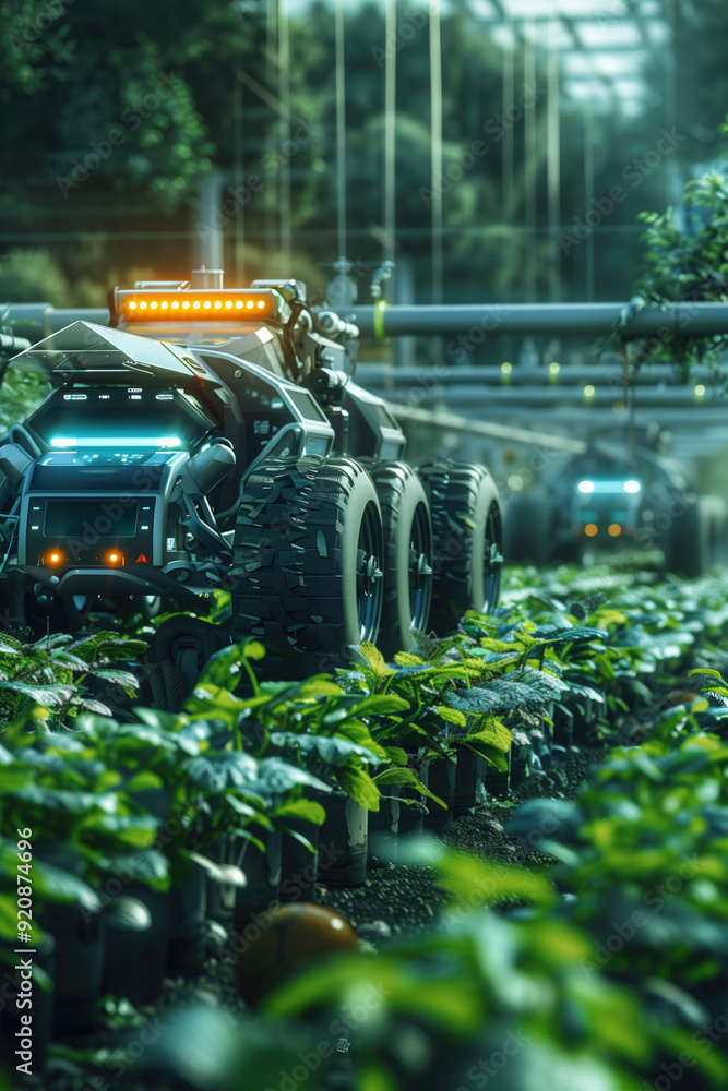 Poster autonomous agricultural robots tending to plants in a greenhouse with advanced technology. concepts 