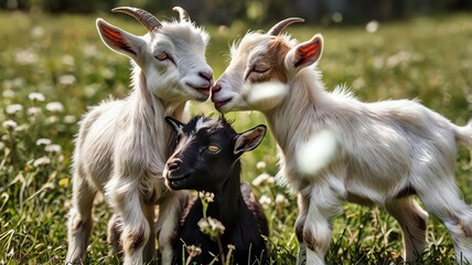 Fototapeta premium A picture of three baby goats, one white and two black, playing in a grassy field.