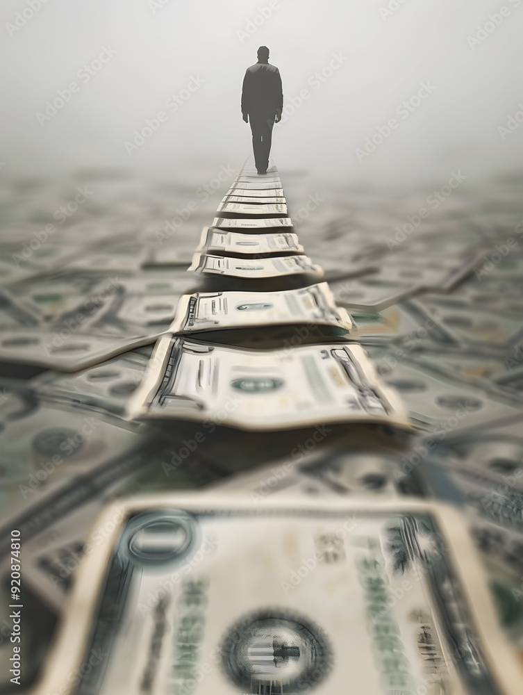 Poster a person walking on a money path symbolizing the journey to wealth with clean background for text or