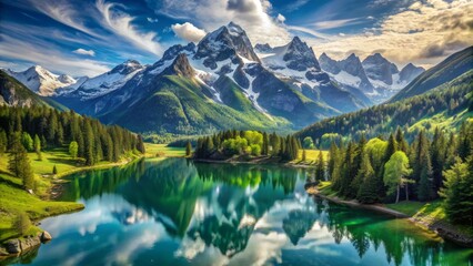 Fototapeta premium Majestic snow-capped mountain peaks pierce the blue sky, surrounded by lush green forests and serene alpine lakes in a breathtaking classical landscape.