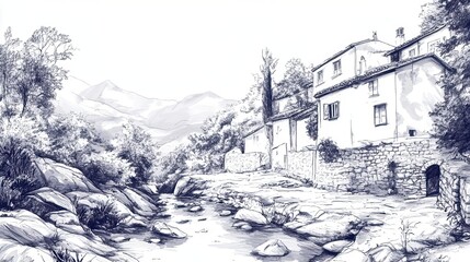 A peaceful landscape drawing with a peaceful nuance