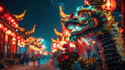 Vibrant Chinese New Year Celebration: Dragon Zodiac Sign, Lanterns, and Asian Elements in Beautiful Walkway Holiday Scene
