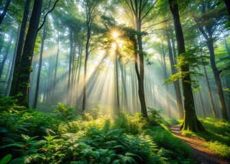 Serene sunlight filters through dense foliage, illuminating misty forest floor, as towering trees stand tall, surrounded by lush greenery, evoking a sense of calm.