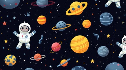 Illustration design of a child astronaut and the solar system with star clusters and satellites, on a dark sky background.