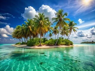 Sunny tropical island getaway with palm trees swaying gently in the breeze, warm turquoise water, and a laid-back reggae vibe exuding relaxation and serenity.