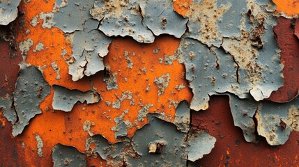 Macro shot of rusted metal surface with peeling paint and intricate, textured patterns highlighting decay and age