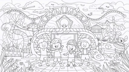 Fototapeta premium coloring book for children. Children open and explore a theme park, cartoon with one black outline for children's coloring books.