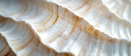 Close-up of sea shell surface with fine, natural ridges and a smooth, polished texture revealing marine patterns