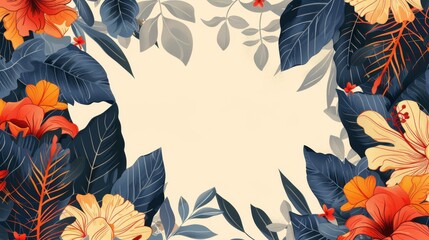 This vibrant tropical floral design features colorful flowers and green leaves, perfect for stunning invitations and creative projects. Its bright aesthetic adds a fresh touch to any occasion