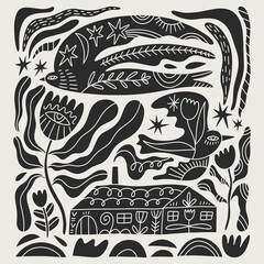 Materiał do szycia Birds and little country house elements set. Black and white monochrome folk bird tribal boho patterned animal in Scandinavian cottagecore style, floral ornament. Hygge, lagom and fika lifestyle