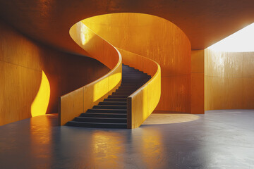 Obraz premium Minimalist dark lemon yellow concrete room with an abstract helical twist, urban architecture.