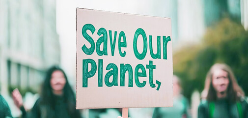 A protest sign with a globe and the slogan "Save Our Planet," surrounded by diverse activists, save the world, global environmental activism