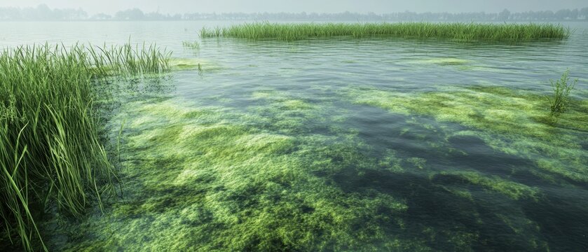 Effects of industrial runoff on a once-clear lake, now filled with pollutants and algae blooms
