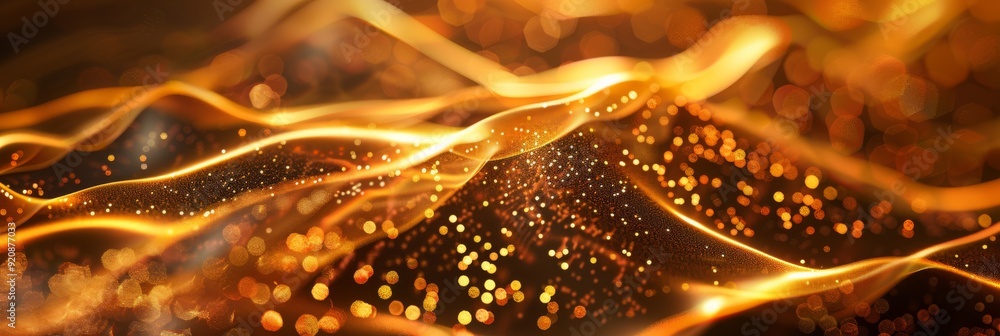 Poster a mesmerizing visual composed of shimmering golden waves and sparkles, delighting the viewer with wa