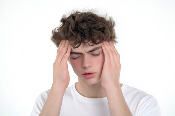 Fototapeta premium A young man of European appearance holds his head, he has a headache, on a white background, medium plan.