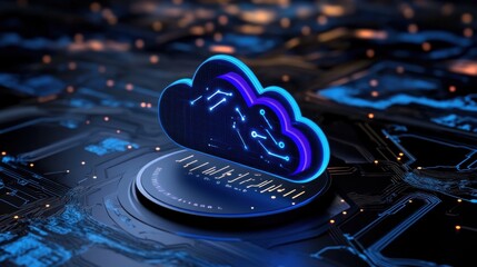 A futuristic cloud symbol representing digital technology and data storage with glowing elements in a high-tech environment.