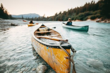 Obraz premium Canoe camping on a calm river at sunset