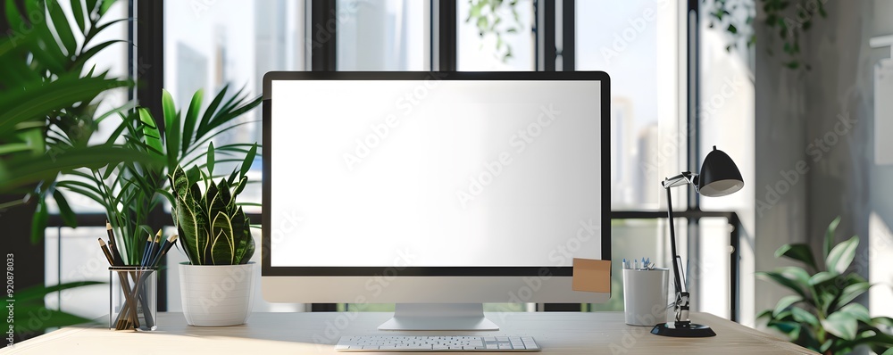 Aufkleber modern minimalist workspace with white desktop and blank computer screen