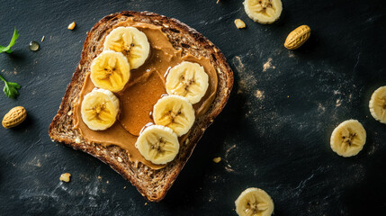 toast with peanut butter and banana slices on black slate