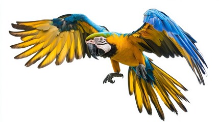 Fototapeta premium Vibrant blue and yellow macaw parrot flying with wings spread wide isolated on a clean white background.