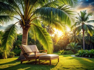 Fototapeta premium plush lounge chair beneath a majestic palm tree, surrounded by lush greenery, warm sunlight, and a hint of exotic Bossa Nova ambiance.