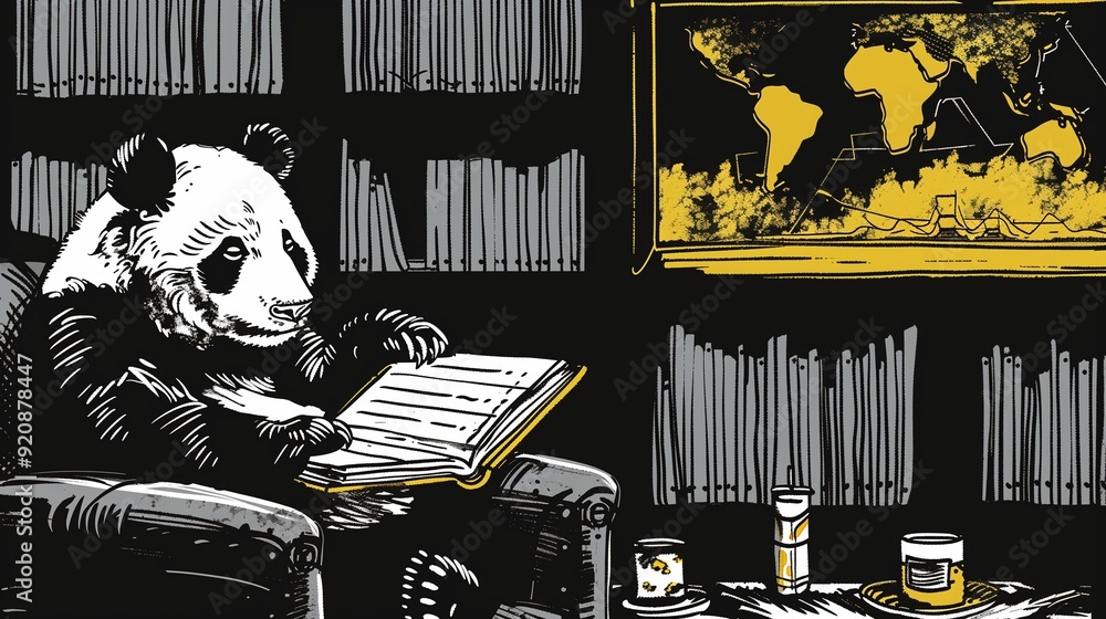 Poster a panda analyzing data in a book, surrounded by bookshelves and a world map, symbolizing global data