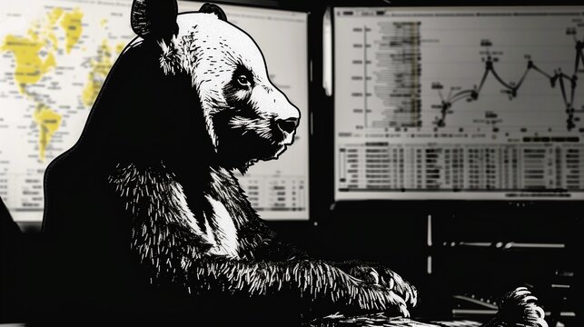 A panda sits at a desk, analyzing data on multiple computer screens, symbolizing the use of the Pandas data science tool for data analysis.