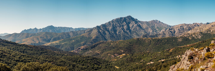 Panoramic view of the 2389 metre high mountain of Monte Padro in the Balagne region of the Mediterranean island of Corsica