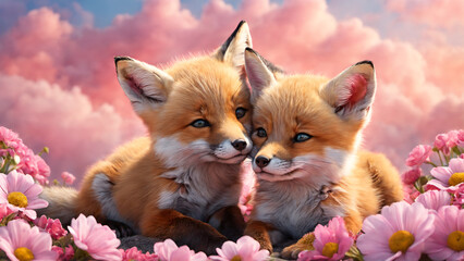 Fox lover in flower scenery. Romantic valentine background.
