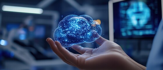 A futuristic hand holding a glowing digital cloud, symbolizing technology, innovation, and artificial intelligence advancements.