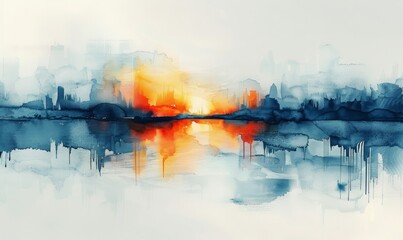 Watercolor abstract twilight reflections on white.